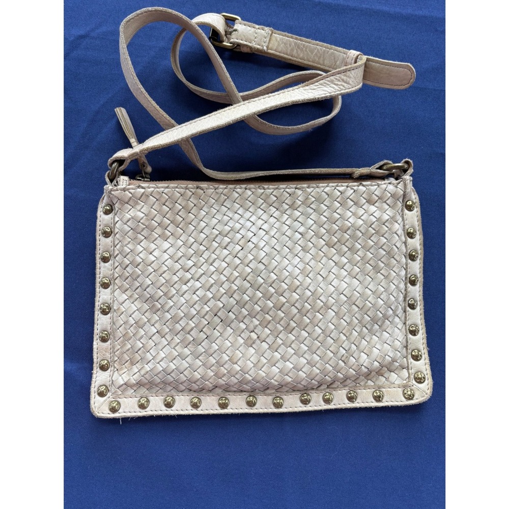 Wild West Los Angeles Cream Leather Studded Woven Crossbody Bag Cream Boho Bag - Picture 2 of 10